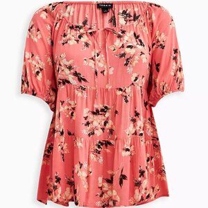 Torrid Size 1 Top Raglan Sleeve Draw String Round Neck Melon Floral. Babydoll